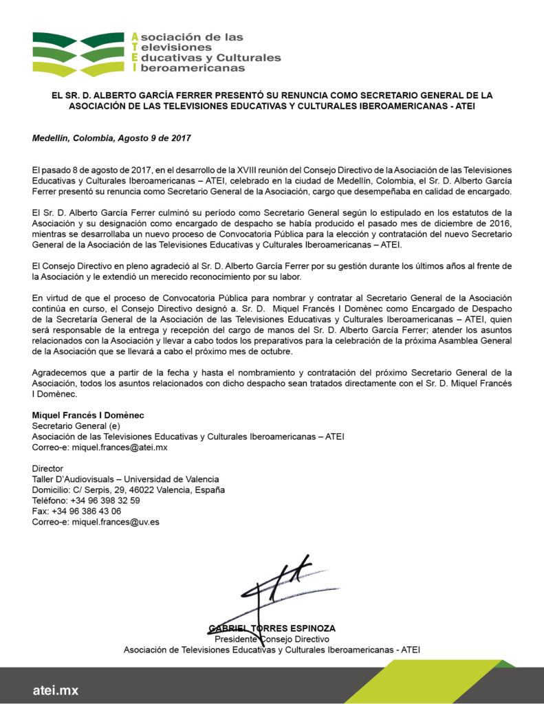 Comunicado de la Reuncia de Alberto García Ferrer