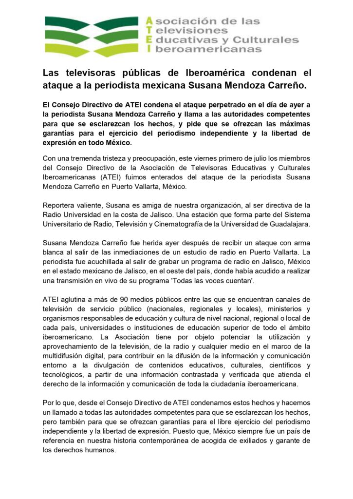 Las televisoras públicas de Iberoamérica condenan el ataque a la periodista mexicana Susana Mendoza Carreño